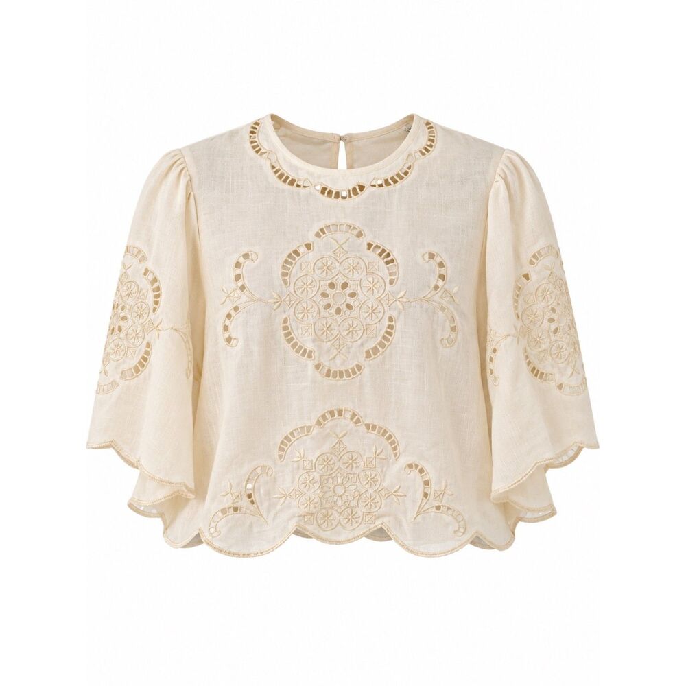 Abercrombie & Fitch Ivory Embroidered Linen Blouse M Cutwork Puff Sleeve
